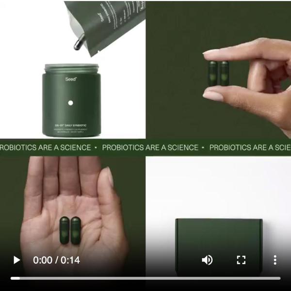 A high-contrast, minimalist grid layout focusing on the clinical appearance and tactile handling of a daily probiotic supplement.